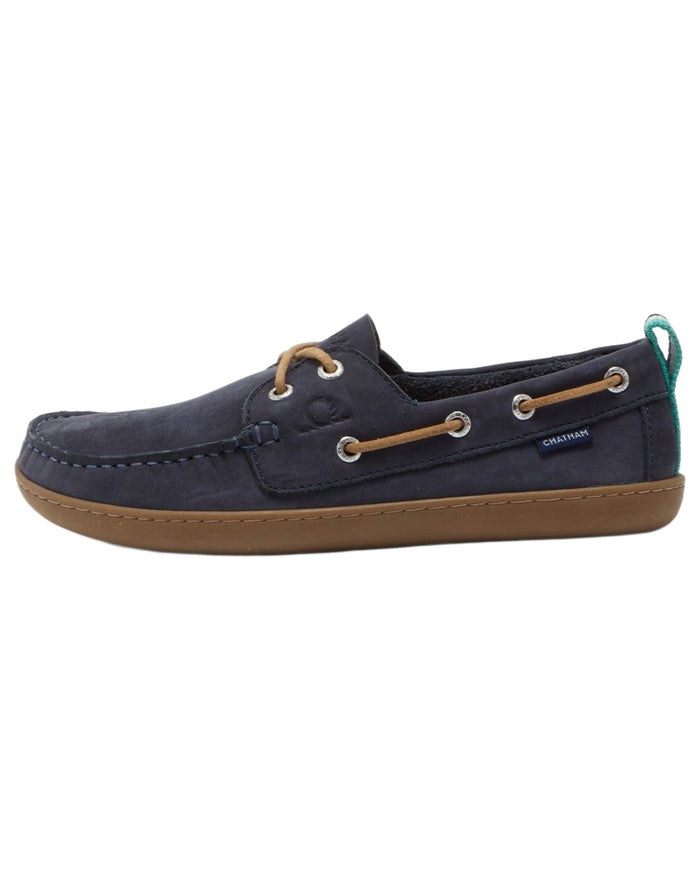 Navy coloured Chatham Womens Eclipse Nubuck Barefoot Boat Shoes on white background #colour_navy