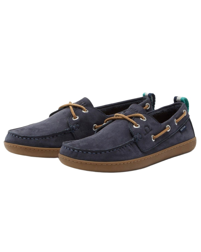 Navy coloured Chatham Womens Eclipse Nubuck Barefoot Boat Shoes on white background #colour_navy