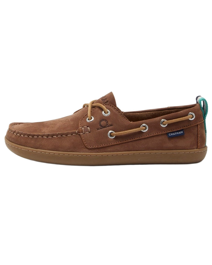 Tan coloured Chatham Womens Eclipse Nubuck Barefoot Boat Shoes on white background #colour_tan