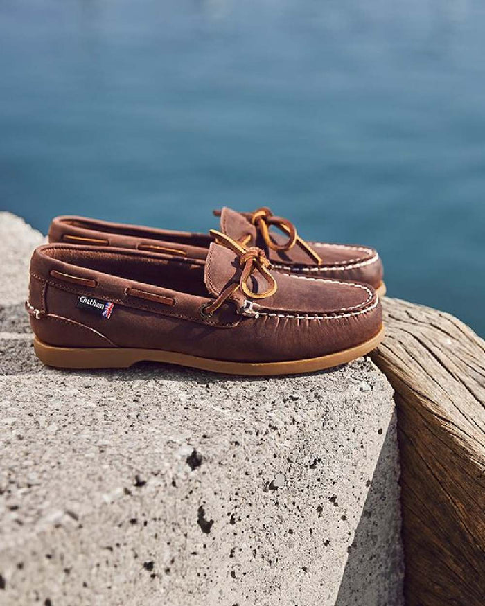 Chocolate Coloured Chatham Womens Olivia G2-Premium Nubuck Slip-On Deck Shoes on white background #colour_chocolate