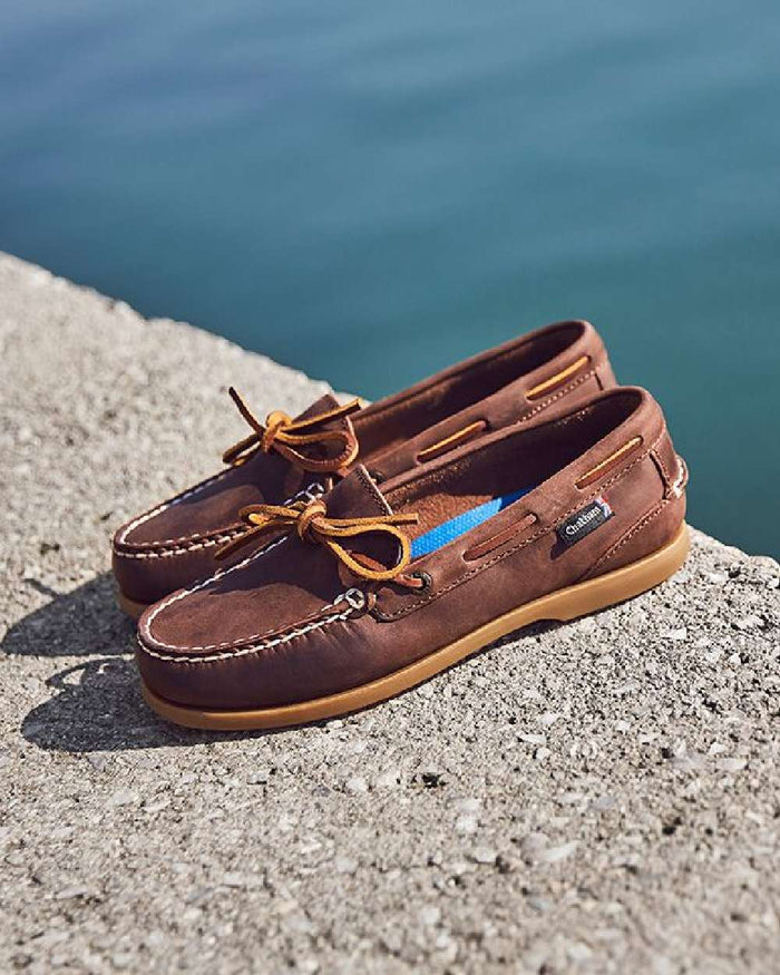 Chocolate Coloured Chatham Womens Olivia G2-Premium Nubuck Slip-On Deck Shoes on white background #colour_chocolate