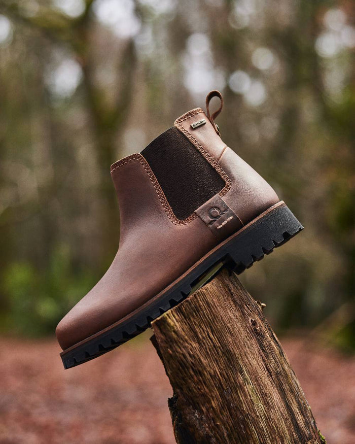 Chocolate Coloured Chatham Womens Olympia II-Premium Leather Waterproof Chelsea Boots on blurry background #colour_chocolate