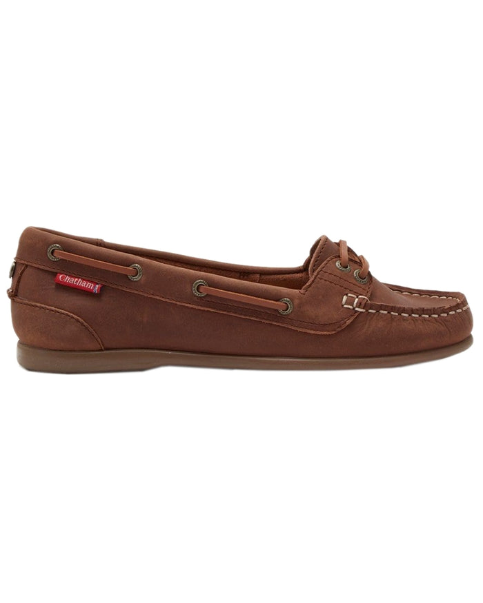 Dark Tan Coloured Chatham Womens Payar Leather Boat Shoes on white background #colour_dark-tan