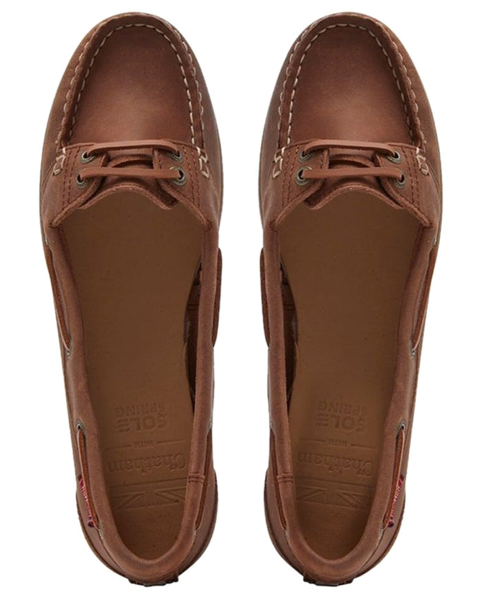 Dark Tan Coloured Chatham Womens Payar Leather Boat Shoes on white background #colour_dark-tan