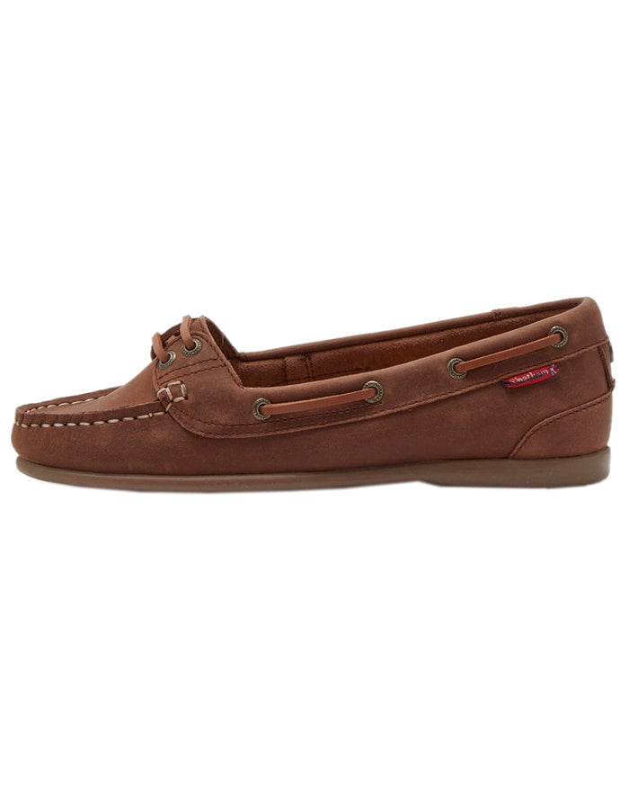 Dark Tan Coloured Chatham Womens Payar Leather Boat Shoes on white background #colour_dark-tan