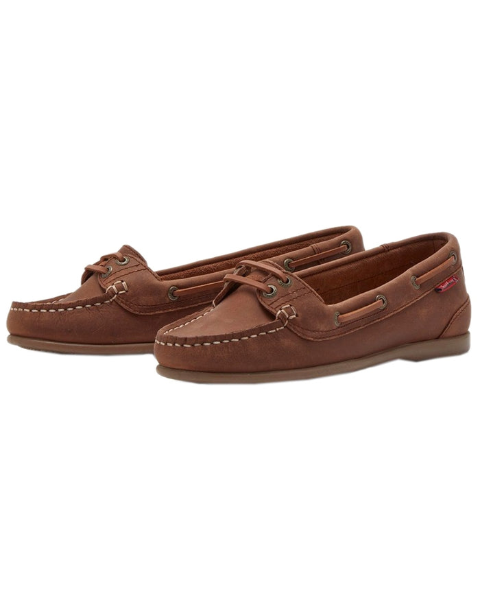 Dark Tan Coloured Chatham Womens Payar Leather Boat Shoes on white background #colour_dark-tan