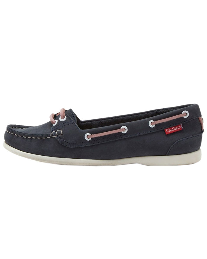 Navy Pink Coloured Chatham Womens Payar Leather Boat Shoes on white background #colour_navy-pink