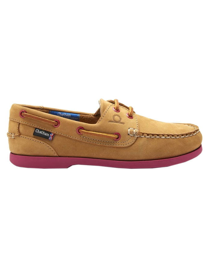 Tan Pink Coloured Chatham Womens Pippa II G2 Leather Boat Shoes on white background #colour_tan-pink