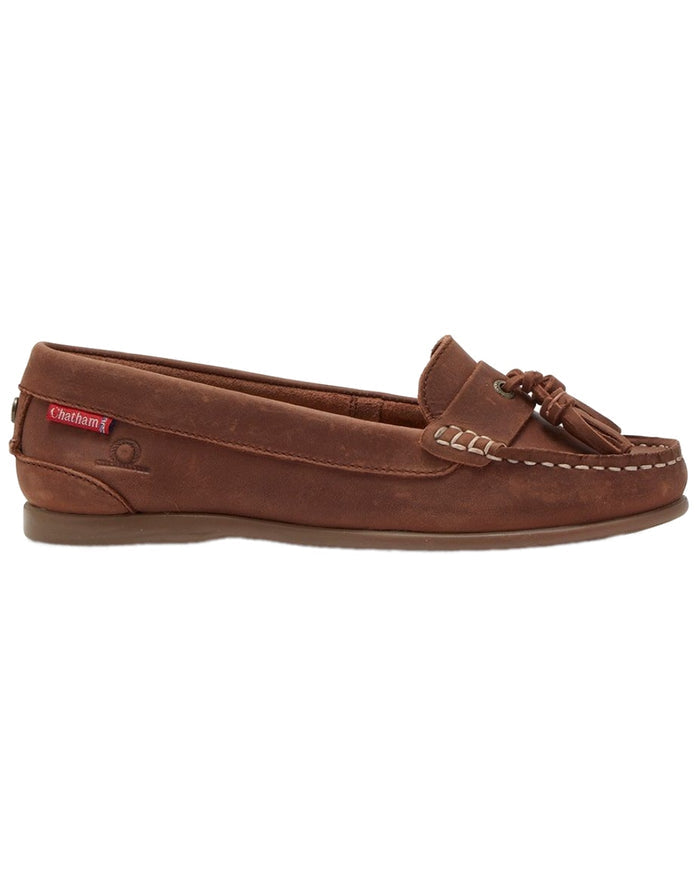 Dark Tan Coloured Chatham Womens Pulau Premium Leather Tassel Loafers on white background #colour_dark-tan