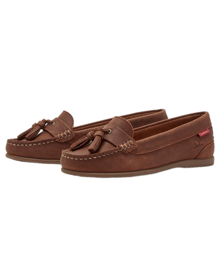 Dark Tan Coloured Chatham Womens Pulau Premium Leather Tassel Loafers on white background #colour_dark-tan