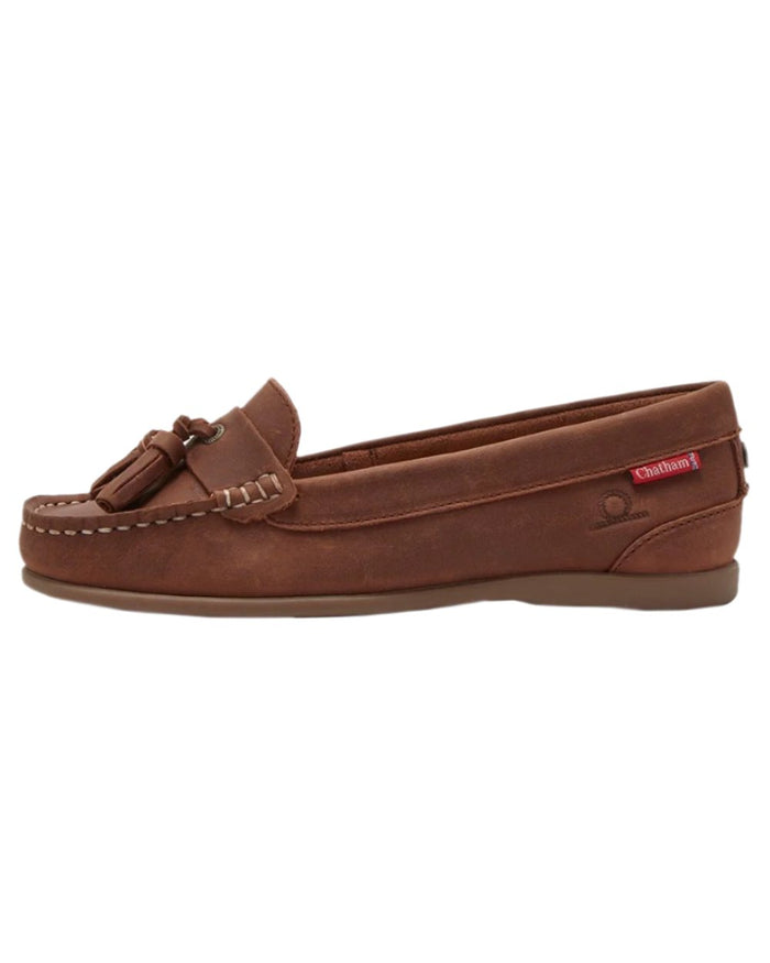 Dark Tan Coloured Chatham Womens Pulau Premium Leather Tassel Loafers on white background #colour_dark-tan