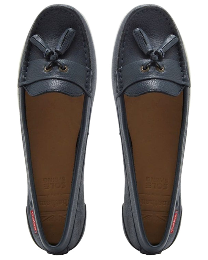 Navy Coloured Chatham Womens Pulau Premium Leather Tassel Loafers on white background #colour_navy