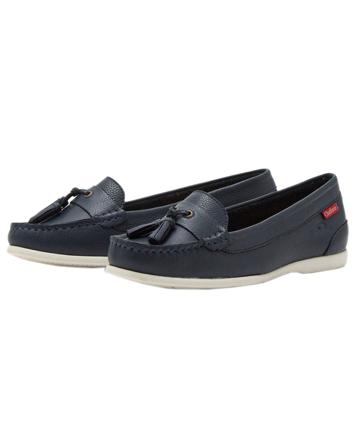 Navy Coloured Chatham Womens Pulau Premium Leather Tassel Loafers on white background #colour_navy