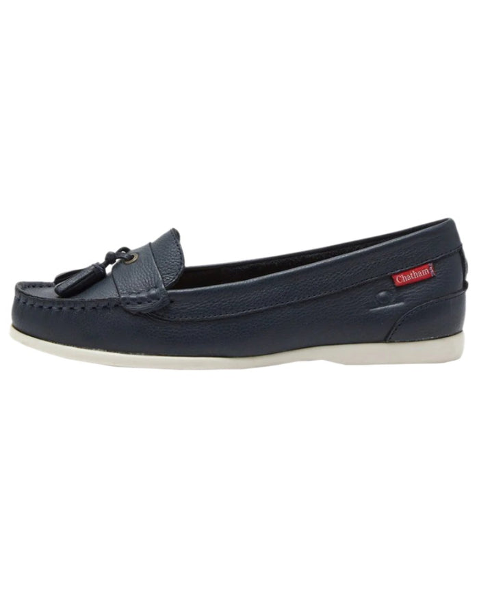 Navy Coloured Chatham Womens Pulau Premium Leather Tassel Loafers on white background #colour_navy