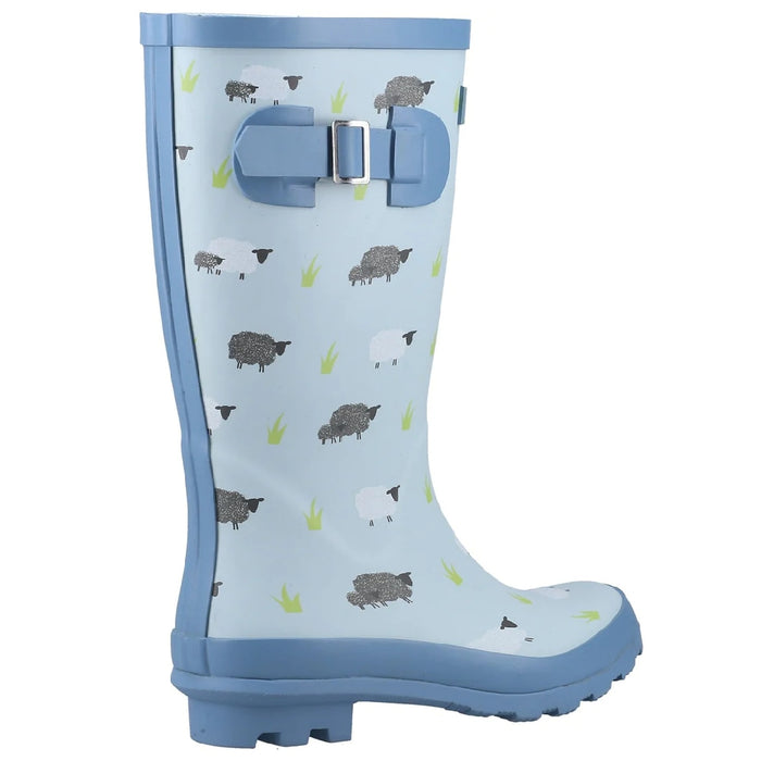 Cotswold Childrens Farmyard Wellington Boots in Sheep Print Blue #colour_sheep-print-blue