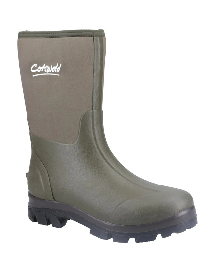 Green coloured Cotswold Kensington Wellingtons on white background #colour_green