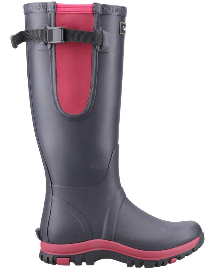 Navy Pink coloured Cotswold Womens Milton Adjustable Wellingtons on white background #colour_navy-pink