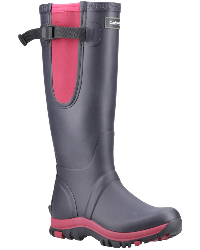 Navy Pink coloured Cotswold Womens Milton Adjustable Wellingtons on white background #colour_navy-pink