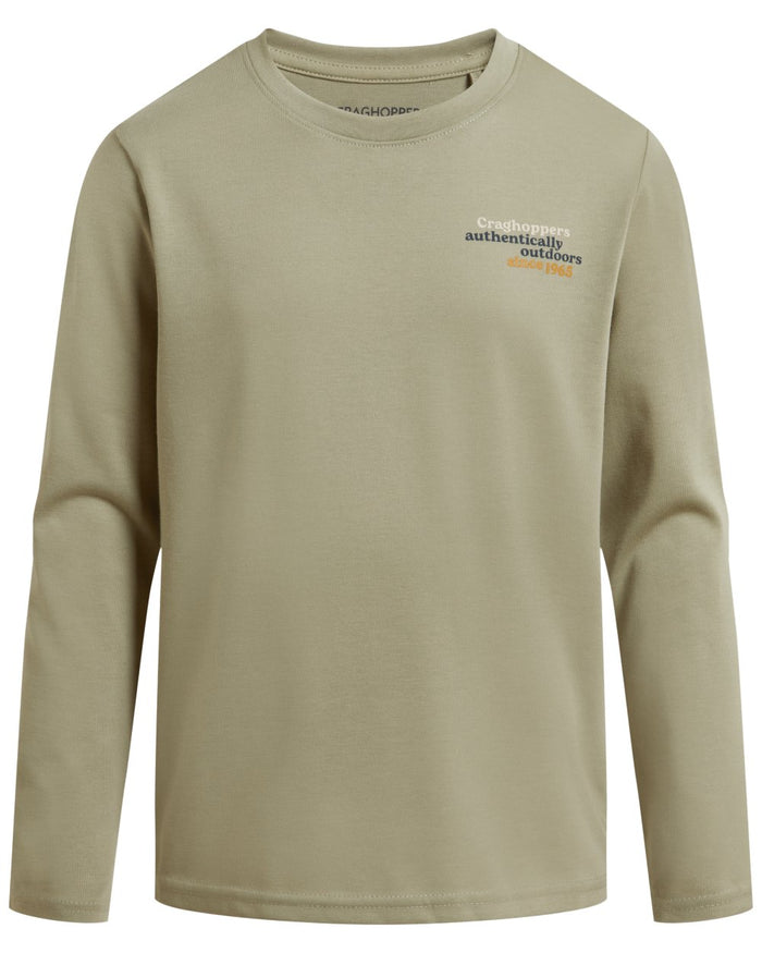 Bayleaf coloured Craghoppers Childrens Nosilife Cruz Long Sleeved T-Shirt on white background #colour_bayleaf