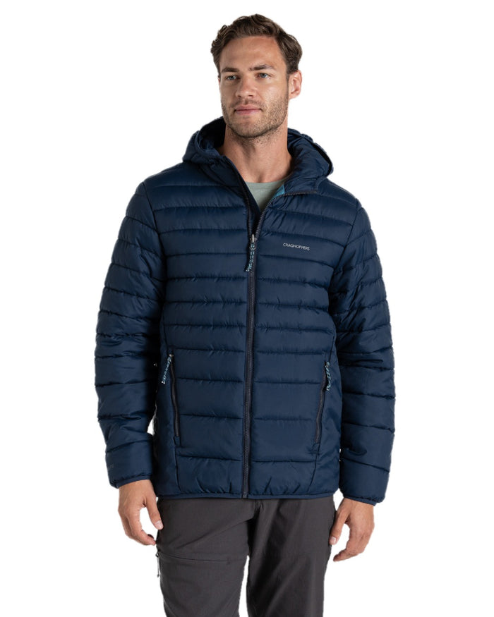 Blue Navy coloured Craghoppers Mens Compresslite IX Hooded Insulating Jacket on white background #colour_blue-navy