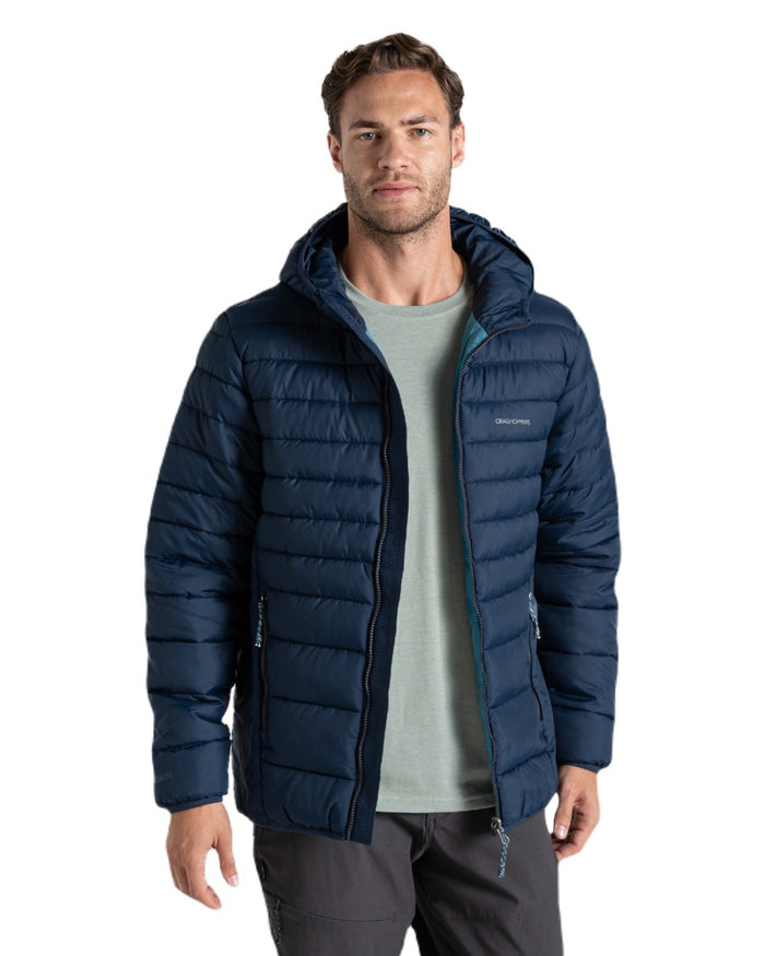 Blue Navy coloured Craghoppers Mens Compresslite IX Hooded Insulating Jacket on white background #colour_blue-navy