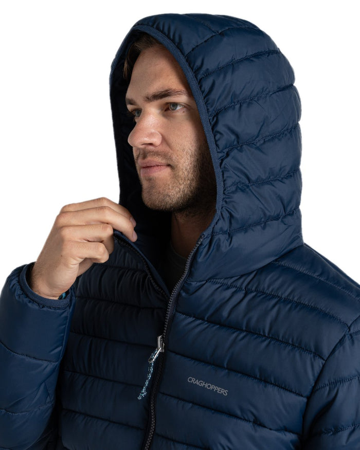Blue Navy coloured Craghoppers Mens Compresslite IX Hooded Insulating Jacket on white background #colour_blue-navy