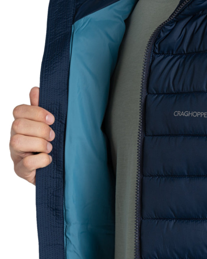 Blue Navy coloured Craghoppers Mens Compresslite IX Hooded Insulating Jacket on white background #colour_blue-navy