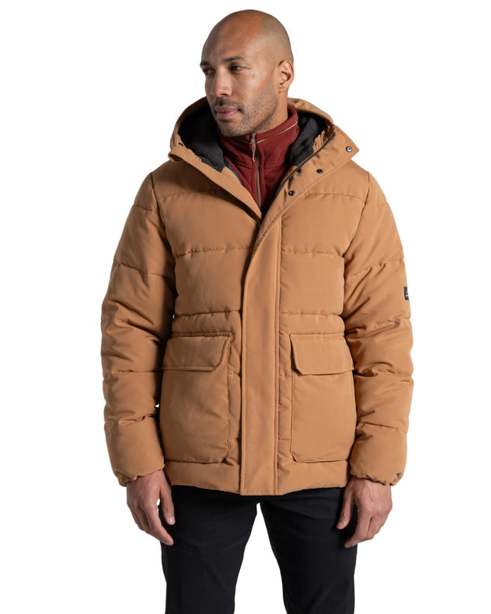Boulder coloured Craghoppers Mens Howgill Downlike Hooded Jacket on white background #colour_boulder