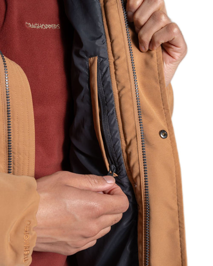 Boulder coloured Craghoppers Mens Howgill Downlike Hooded Jacket on white background #colour_boulder