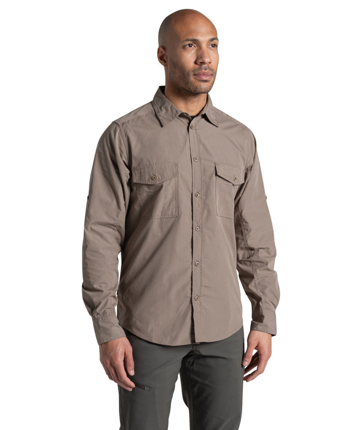 Pebble coloured Craghoppers Mens Kiwi II Long Sleeved Shirt on white background #colour_pebble