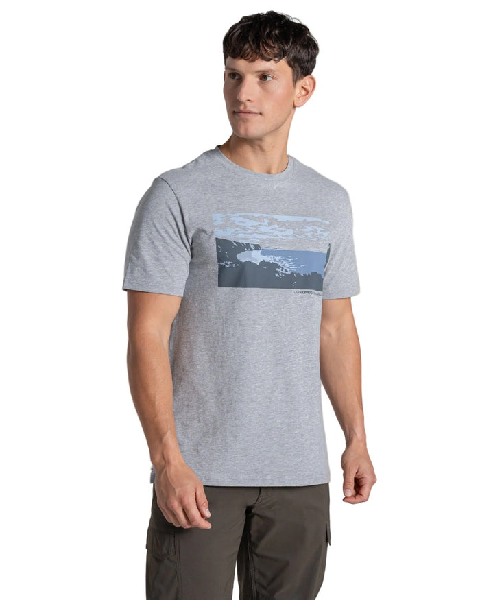 Soft Grey Marl coloured Craghoppers Mens National Trust Sabden Short Sleeved T-Shirt on white background #colour_soft-grey-marl
