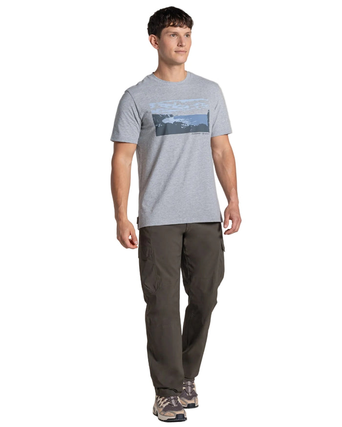Soft Grey Marl coloured Craghoppers Mens National Trust Sabden Short Sleeved T-Shirt on white background #colour_soft-grey-marl