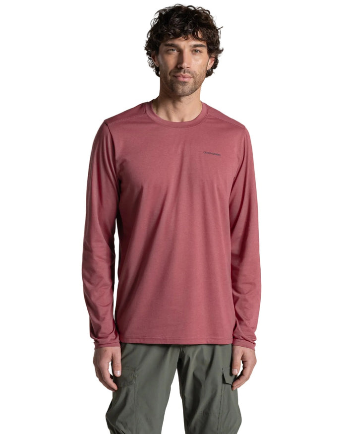 Atlas Red coloured Craghoppers Mens Nosilife Abel Long Sleeved T-Shirt on white background #colour_atlas-red