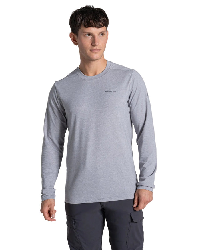 Soft Grey Marl coloured Craghoppers Mens Nosilife Abel Long Sleeved T-Shirt on white background #colour_soft-grey-marl