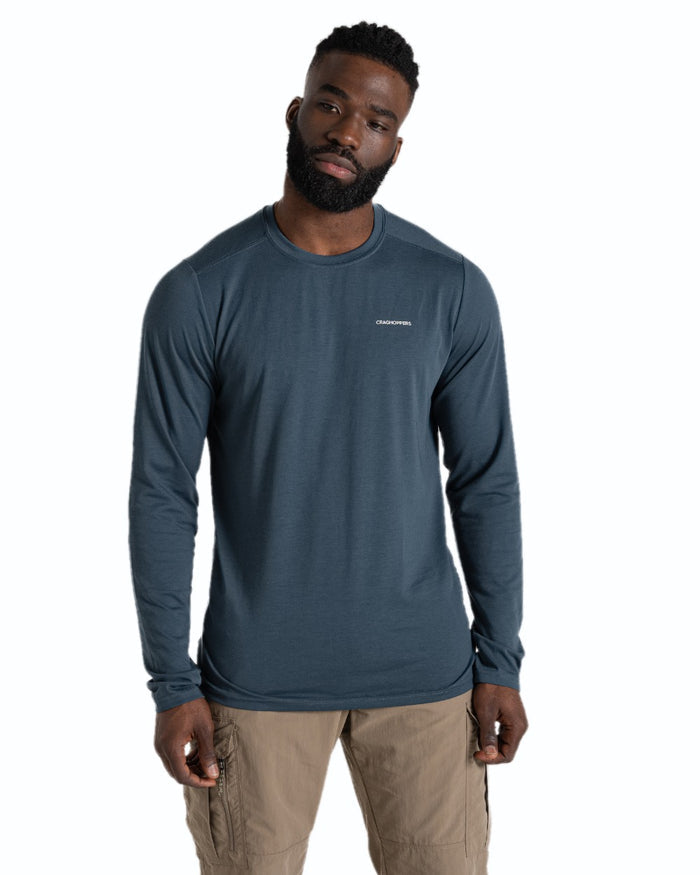 Blue Stone coloured Craghoppers Mens Nosilife Abel Long Sleeved T-Shirt on white background #colour_blue-stone