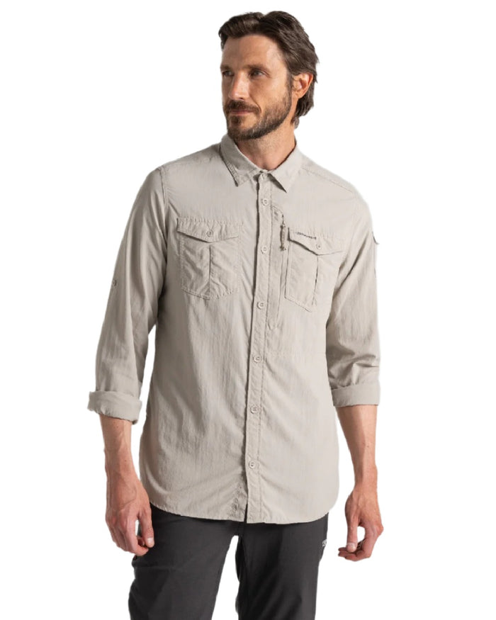 Parchment Craghoppers Mens NosiLife Adventure Long Sleeved Shirt III on white background #colour_parchment