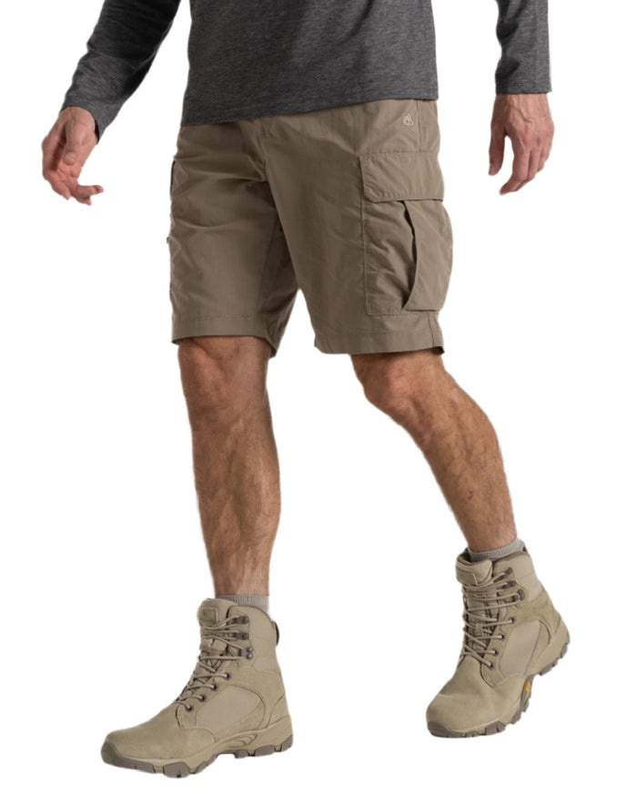 Pebble coloured Craghoppers Mens NosiLife Cargo Short III on white background #colour_pebble
