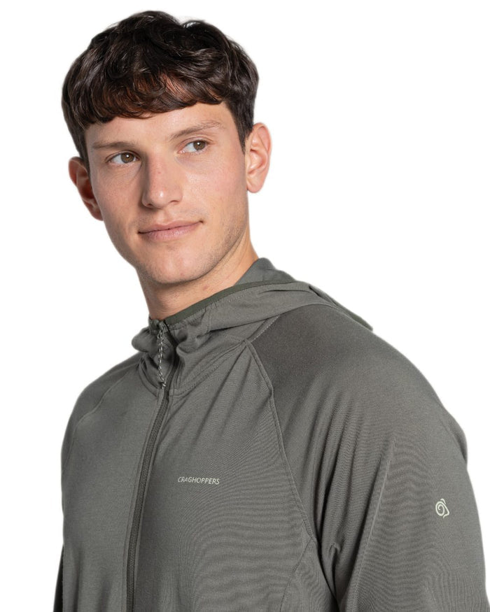 Dark Sage coloured Craghoppers Mens NosiLife Nadim Hooded Jacket on white background #colour_dark-sage