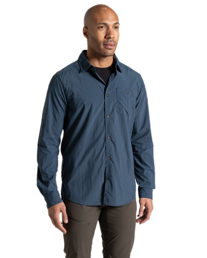 Blue Stone coloured Craghoppers Mens NosiLife Nuoro Long Sleeved Shirt II on white background #colour_blue-stone