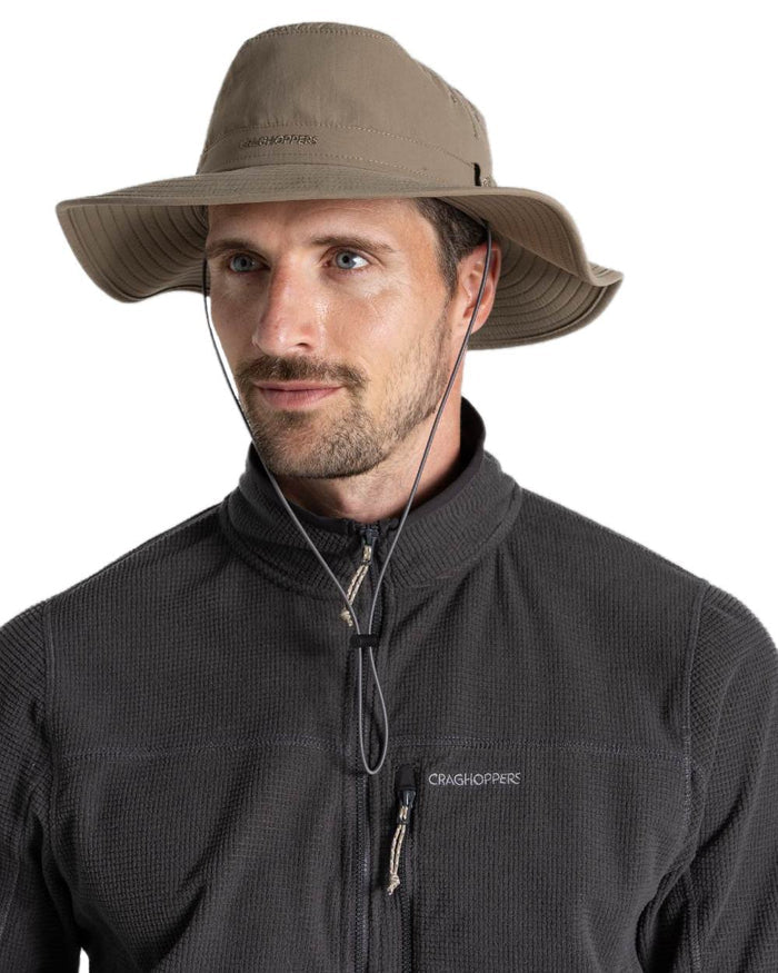 Pebble coloured Craghoppers Mens NosiLife Outback Hat II on white background #colour_pebble