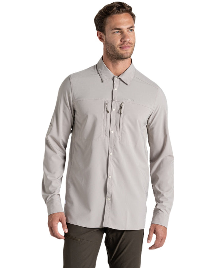 Parchment coloured Craghoppers Mens NosiLife Pro Long Sleeved Shirt V on white background #colour_parchment