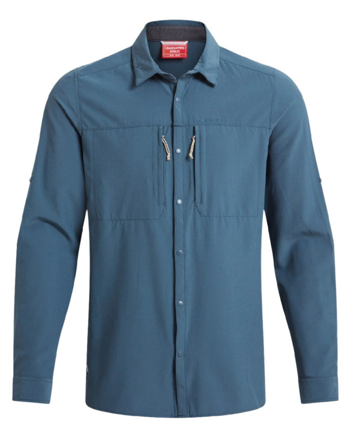 Blue Stone coloured Craghoppers Mens NosiLife Pro Long Sleeved Shirt V on white background #colour_blue-stone