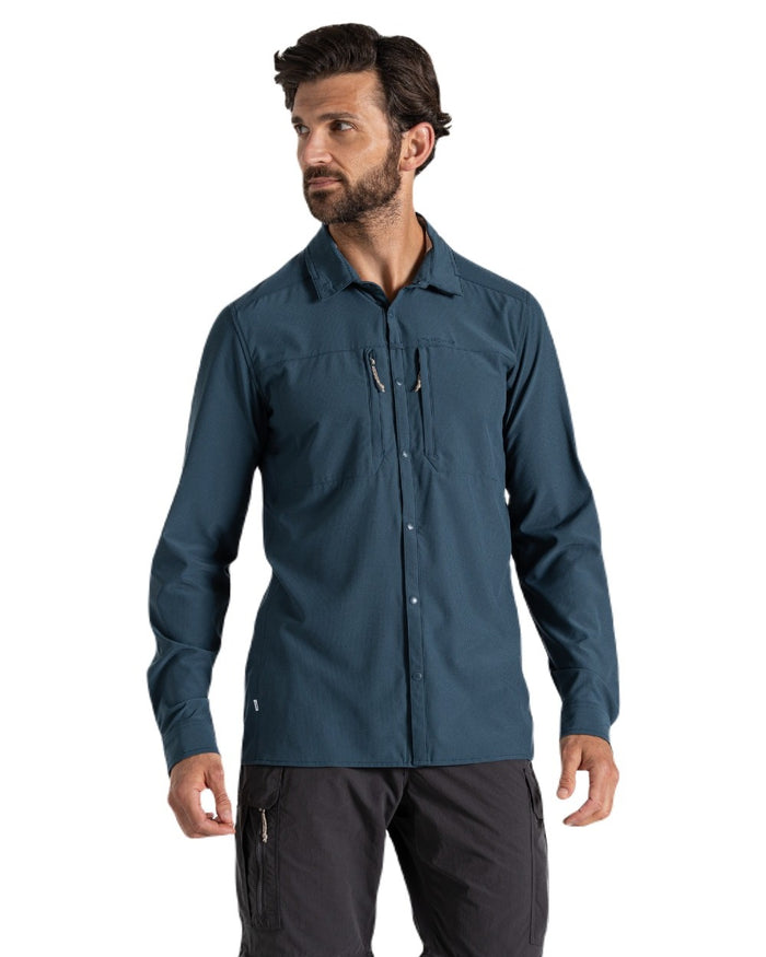 Blue Stone coloured Craghoppers Mens NosiLife Pro Long Sleeved Shirt V on white background #colour_blue-stone