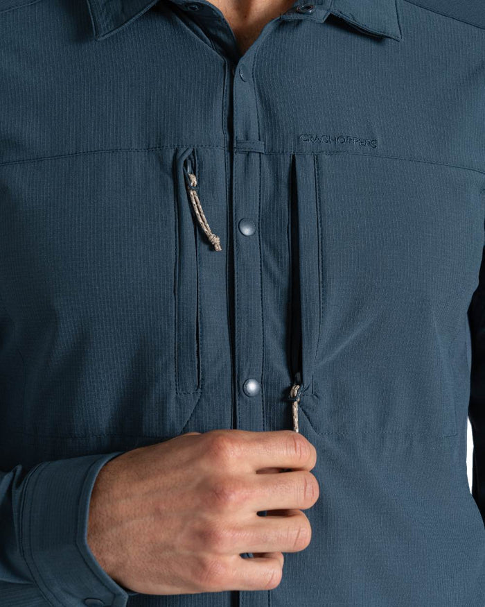 Blue Stone coloured Craghoppers Mens NosiLife Pro Long Sleeved Shirt V on white background #colour_blue-stone