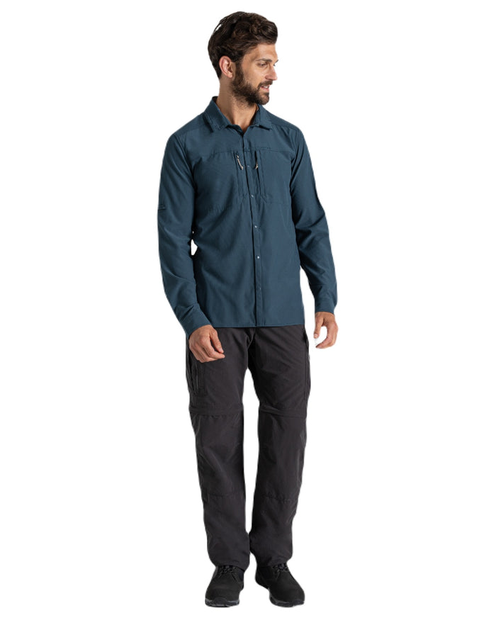 Blue Stone coloured Craghoppers Mens NosiLife Pro Long Sleeved Shirt V on white background #colour_blue-stone