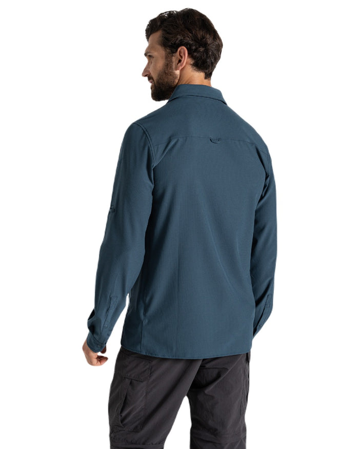 Blue Stone coloured Craghoppers Mens NosiLife Pro Long Sleeved Shirt V on white background #colour_blue-stone