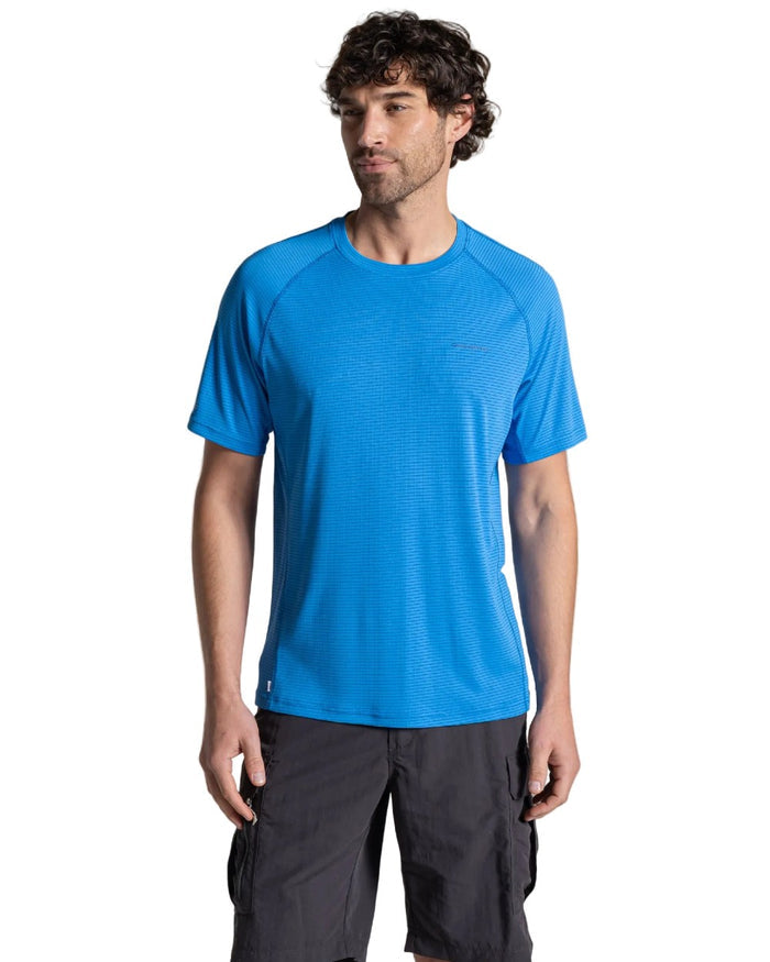 Azure Sky coloured Craghoppers Mens NosiLife SolarShield+ Short Sleeved T-Shirt on white background #colour_azure-sky