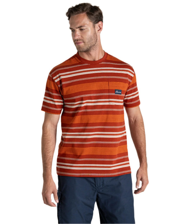 Red Beach Stripe Craghoppers Mens Pointer Short Sleeved T-Shirt on white background #colour_red-beach-stripe