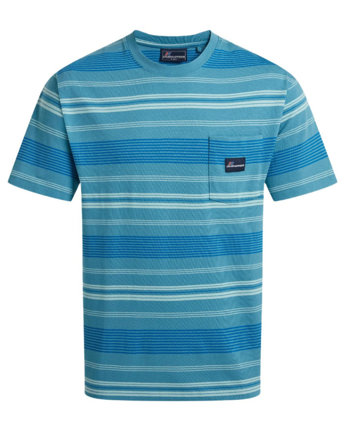 Tranquil Blue Stripe Craghoppers Mens Pointer Short Sleeved T-Shirt on white background #colour_tranquil-blue-stripe