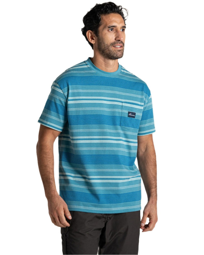 Tranquil Blue Stripe Craghoppers Mens Pointer Short Sleeved T-Shirt on white background #colour_tranquil-blue-stripe